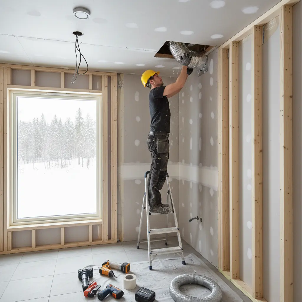 Professionell installation av badrumsfläkt - svenska byggarbetare med säkerhetsutrustning