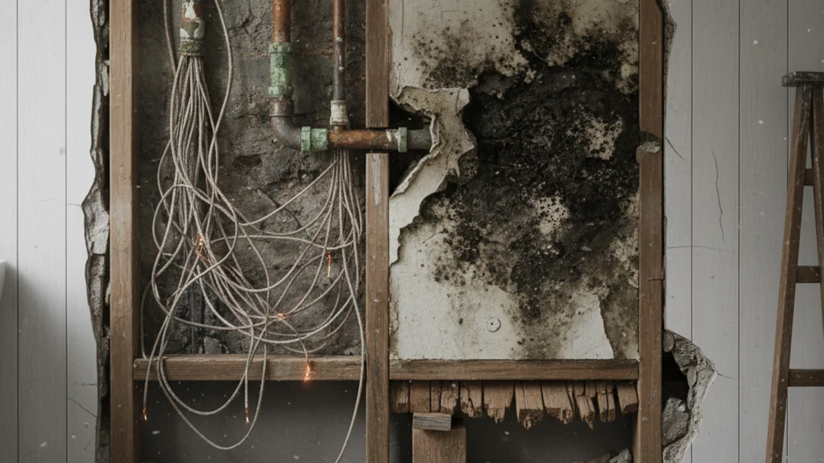 Dolda renoveringskostnader: vattenskador bakom kakel, gamla rör som behöver bytas, asbestsanering med extra kostnad på 30 000 kr