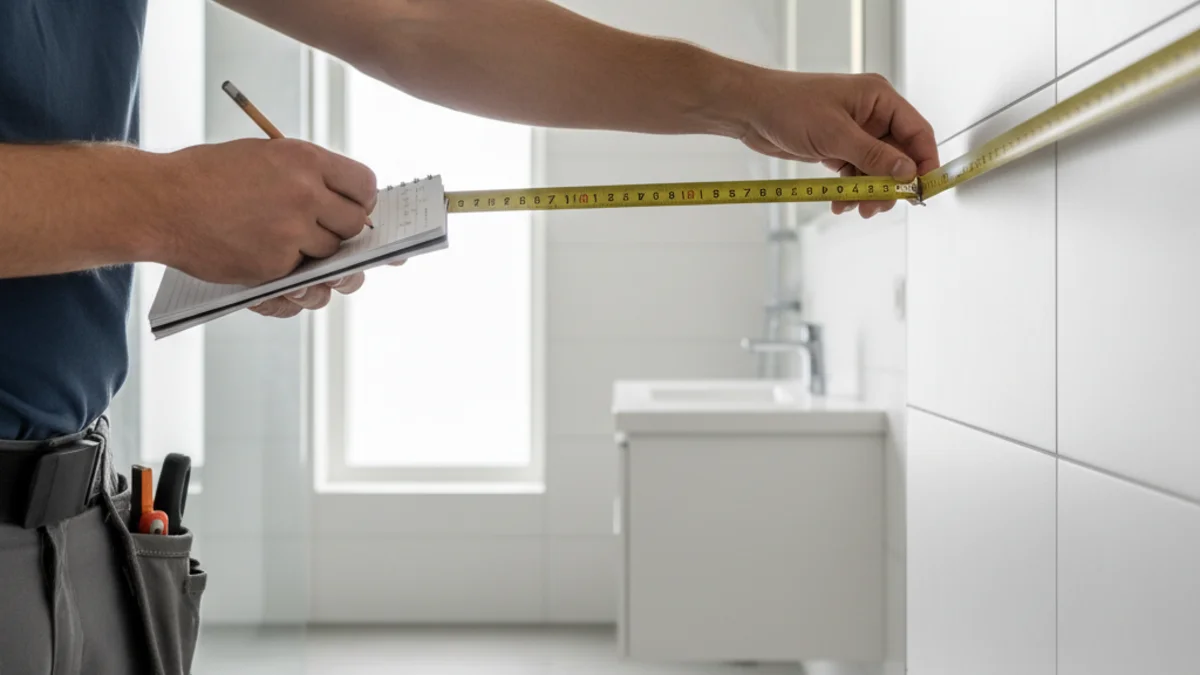 Svensk byggarbetare mäter badrum och beräknar renoveringskostnader med måttband och kalkylblad