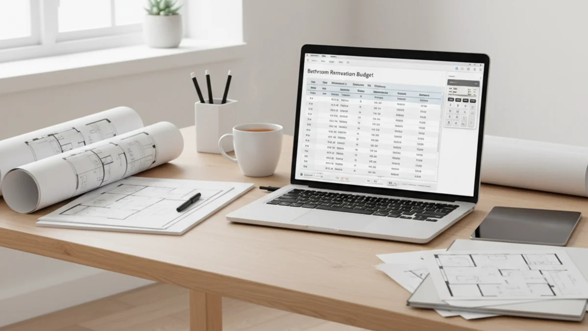 Svensk husägare planerar badrumsrenovering hemma med Excel-kalkyl på laptop som visar detaljerad kostnadsnedbrytning med ROT-avdrag