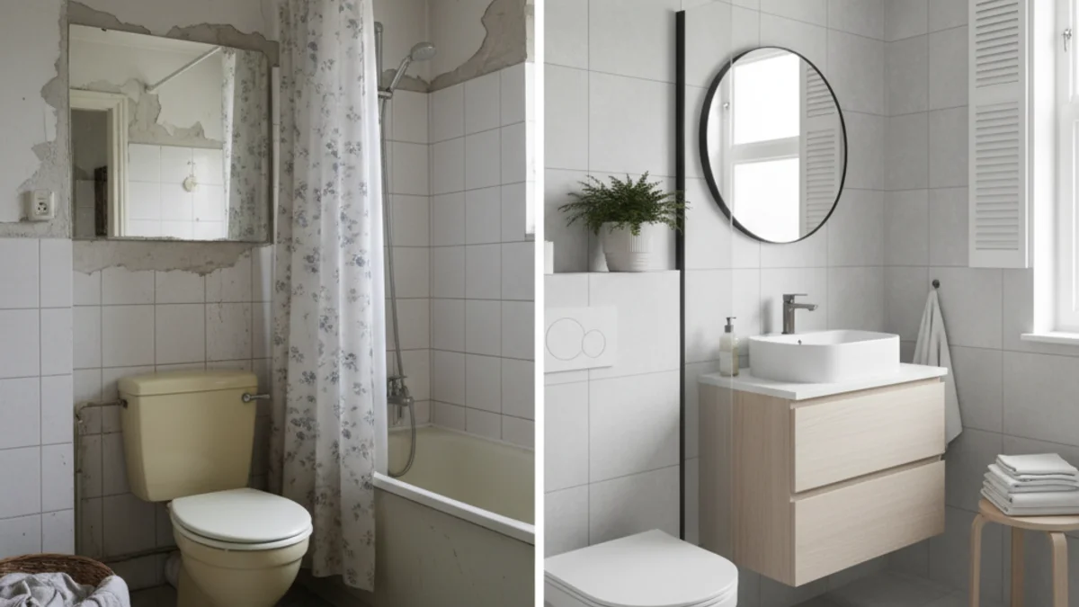 Innan och efter jämförelse av 5 kvadratmeter svenskt badrum med kostnadsnedbrytning som visar 195 000 kr total investering