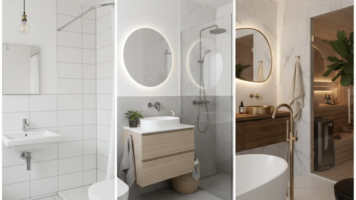 Jämförelse av badrumsrenoveringsmaterial i tre kvalitetsnivåer: budget 400 kr/m², standard 1000 kr/m², premium 2000 kr/m²