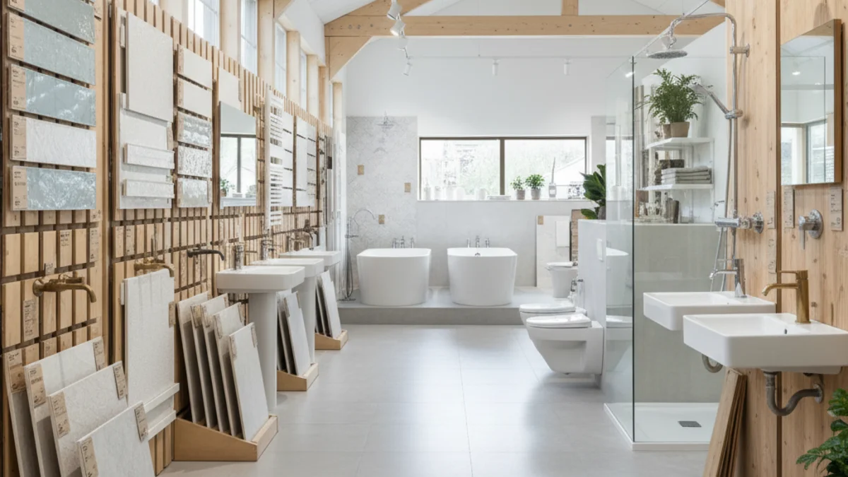 Modernt badrumsrenoveringsmaterial i showroom med synliga prislapper från 500-2000 kr/m² för olika kvalitetsnivåer