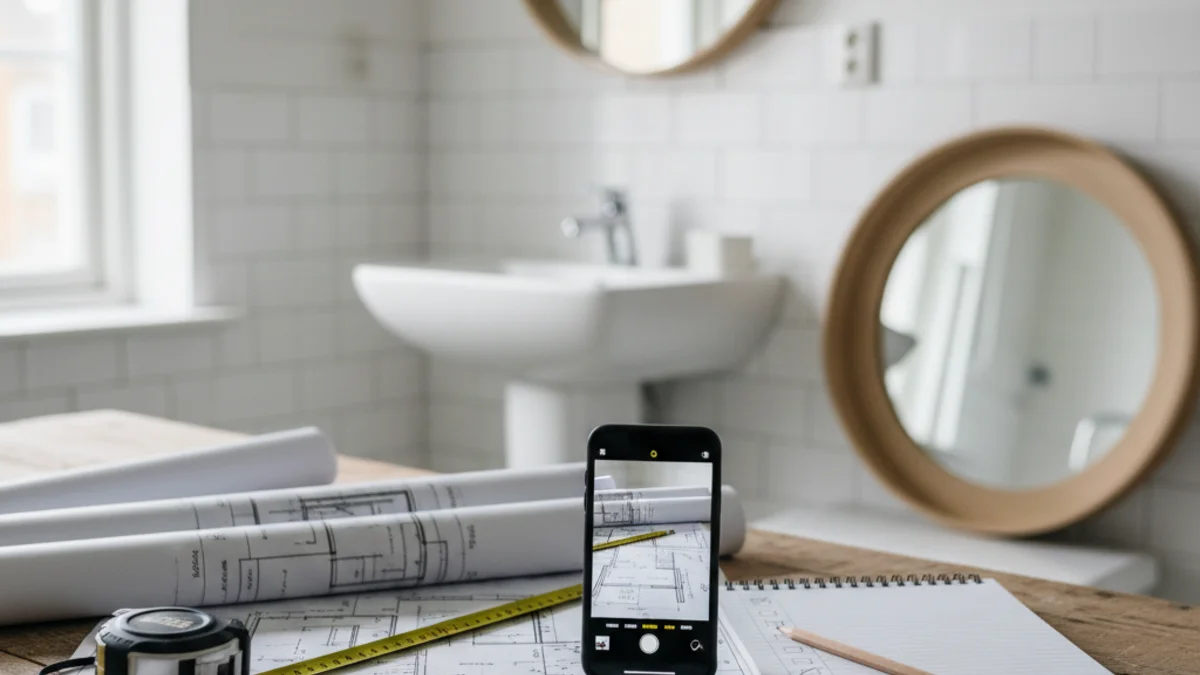 Dokumentation av DIY badrumsrenovering med mobilkamera och anteckningar