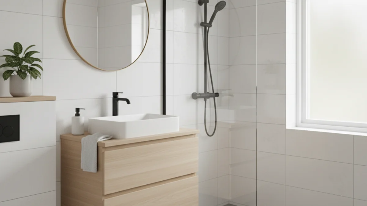 Stolt hemägare beundrar sitt färdiga DIY-renoverade badrum