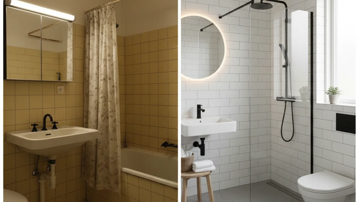 Före och efter jämförelse av lyckad DIY badrumsrenovering