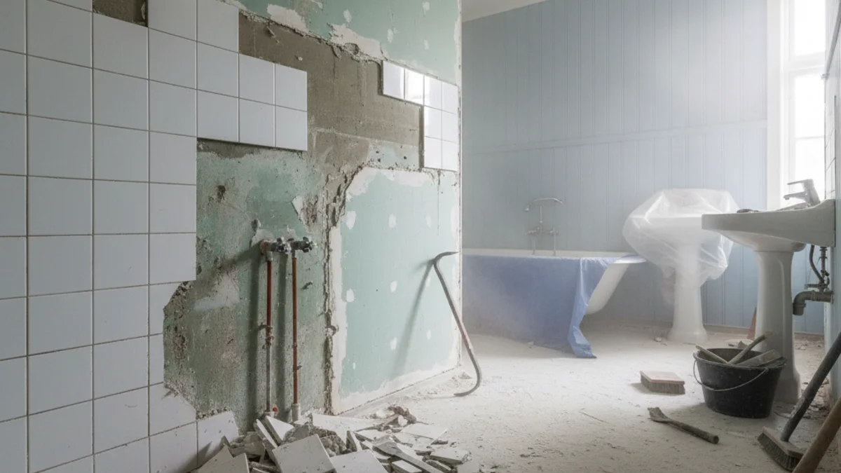 DIY rivning av gamla kakelplattor med säkerhetsutrustning