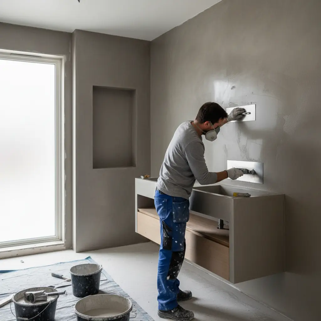 Modern badrumskommód med mikrosementbänkskiva och integrerat handfat