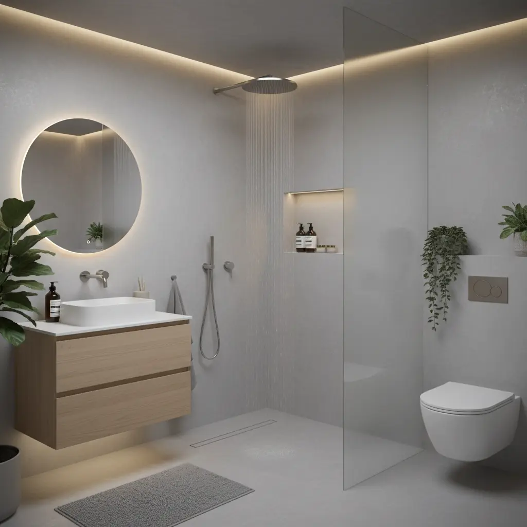 Minimalistiskt badrum med mikrosementgolv och väggar, skandinavisk arkitektur