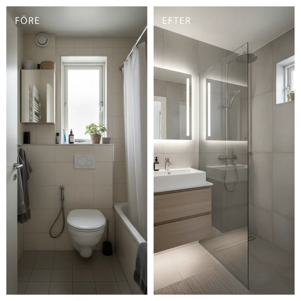 Kompakt svenskt badrum med vägghängd toalett och tvättställ, skandinavisk design