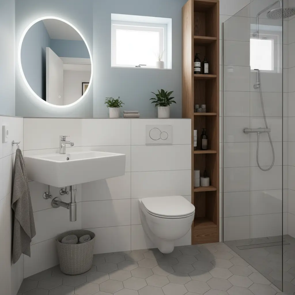 Före och efter jämförelse av litet badrum, dramatisk förvandling från trångt till ljust modernt