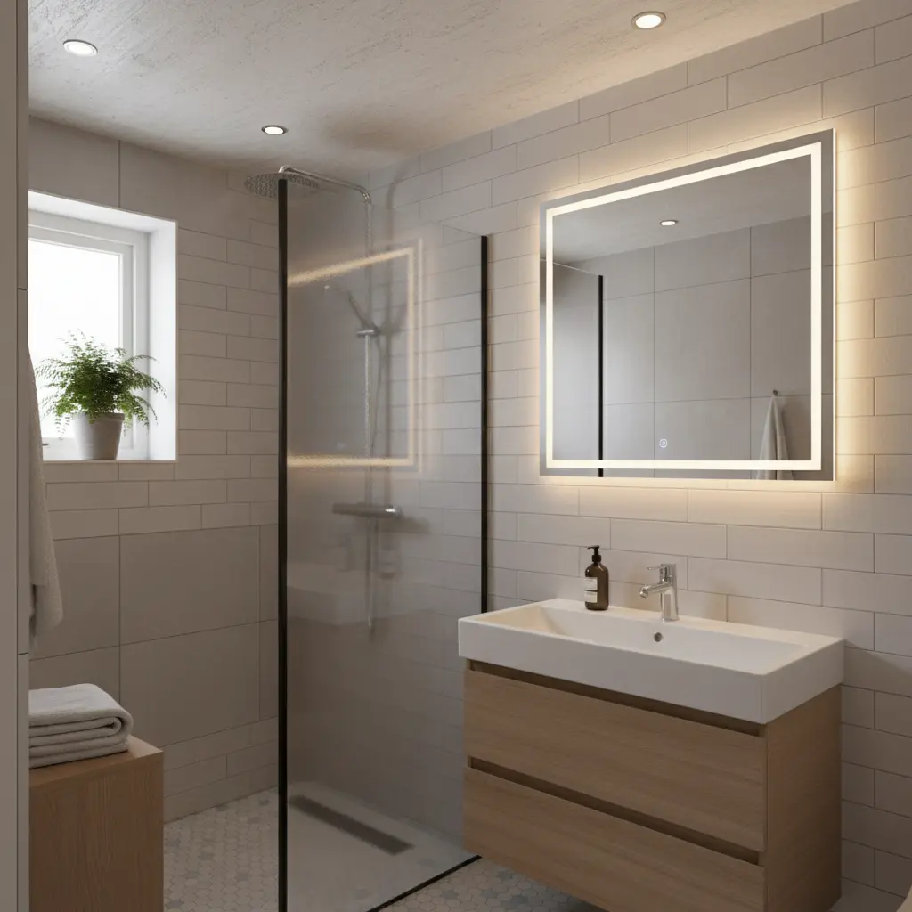 Hörndusch installation i litet badrum, glasdörrar och modern svensk design