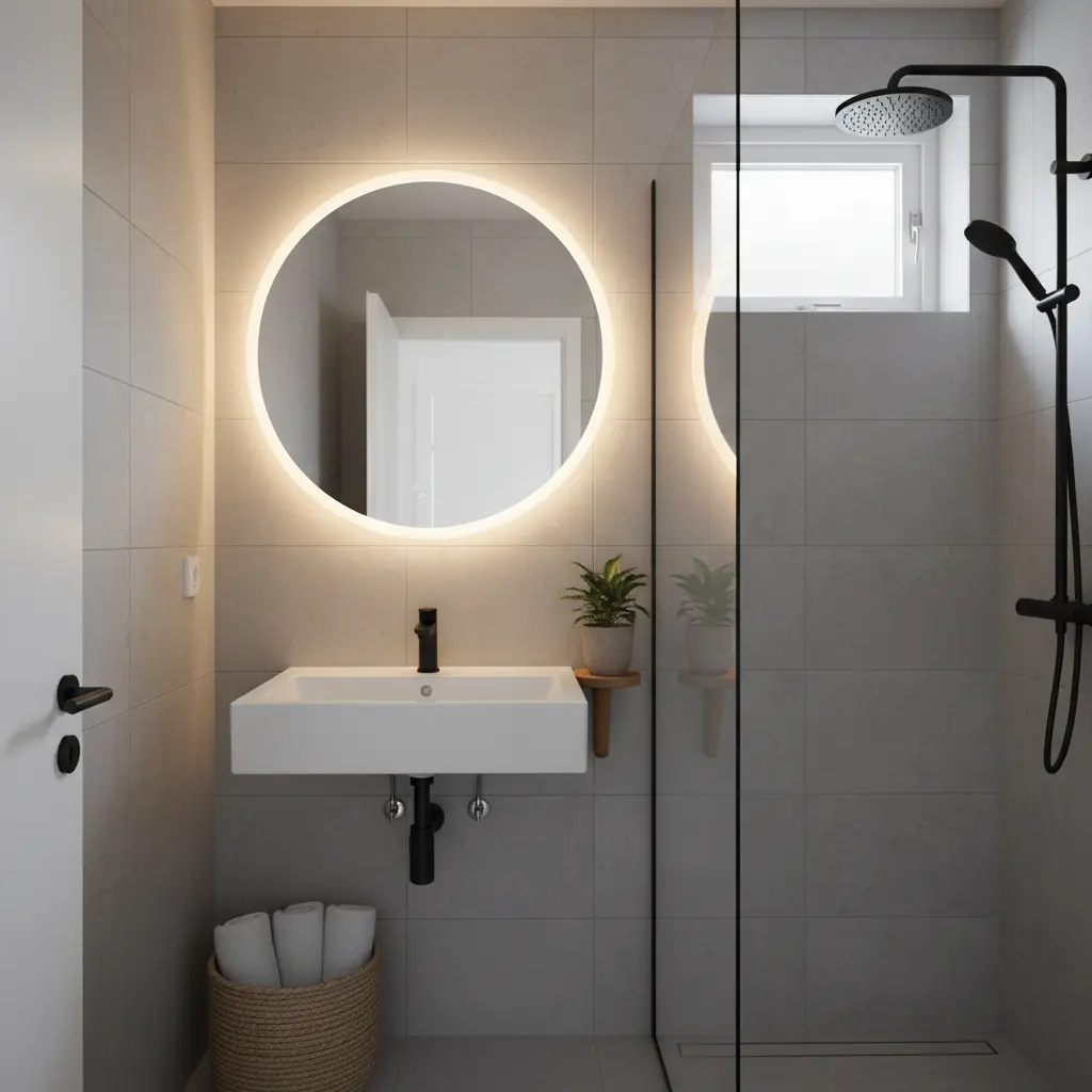 Lyxiga material i litet badrum, marmorkakel och mässingsdetaljer i kompakt utrymme