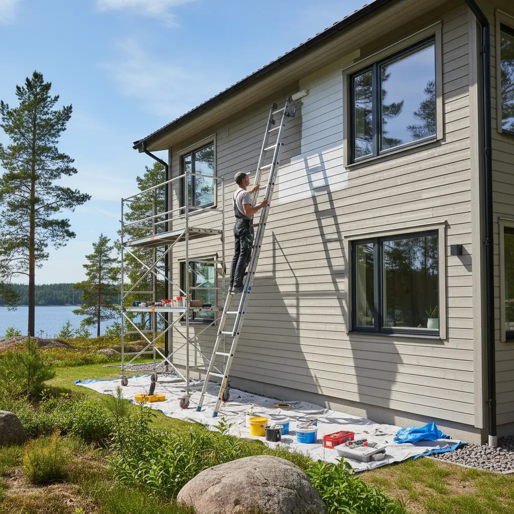 Professionell fasadmålare arbetar på ställning - berättigat till ROT-avdrag