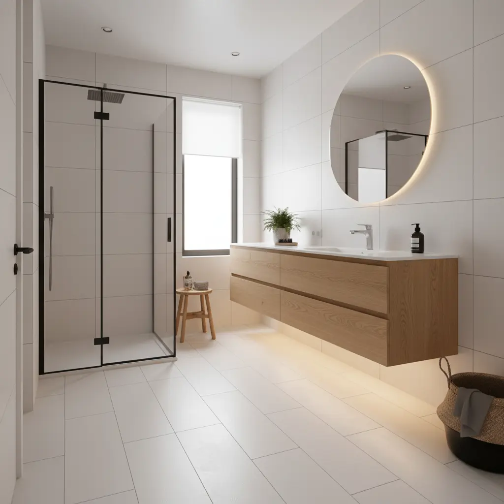 Färdigt renoverat badrum med golvvärme installerat