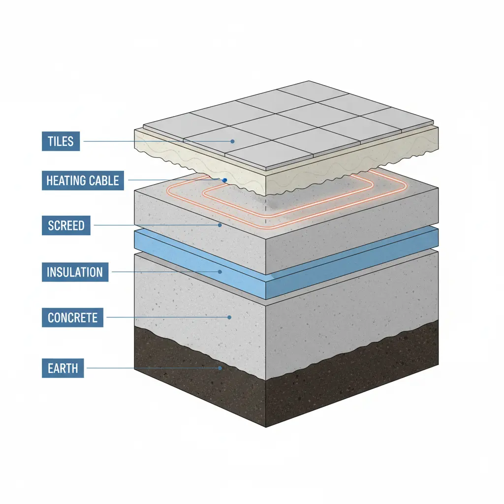 Teknisk diagram över golvvärmeinstallation i badrum
