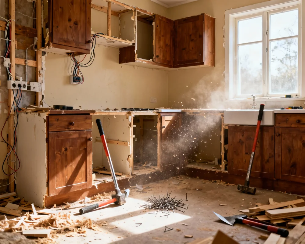 DIY demontage av gamla kökssmåp med säkerhetsutrustning och verktyg