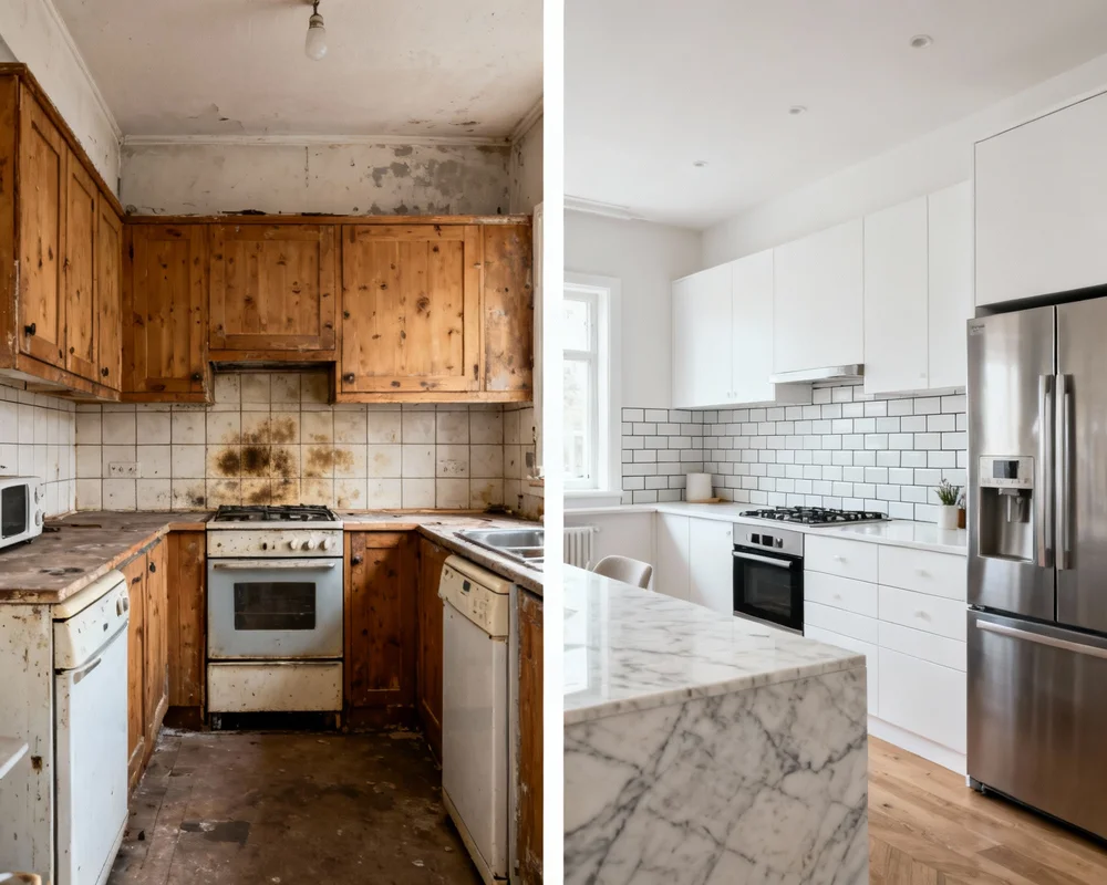 Före och efter jämförelse av lyckad DIY köksrenovering med nya möbler