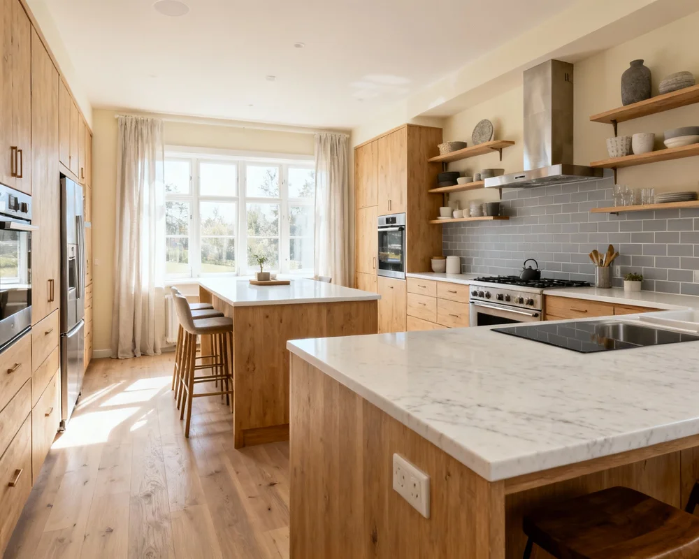 Stolt hemägare i sitt nyrenovererat DIY-kök med moderna möbler och belysning