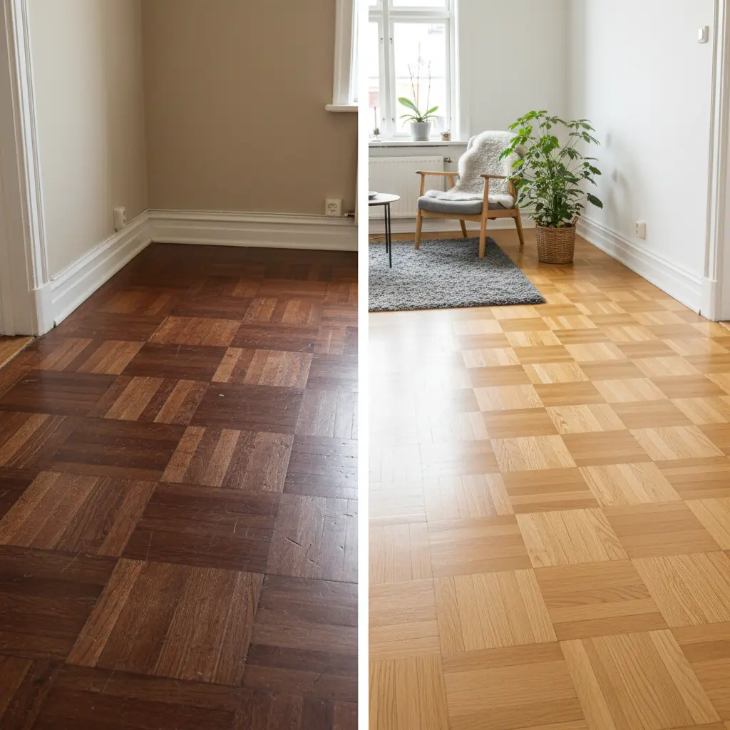 Före och efter renovering med nytt parkettgolv