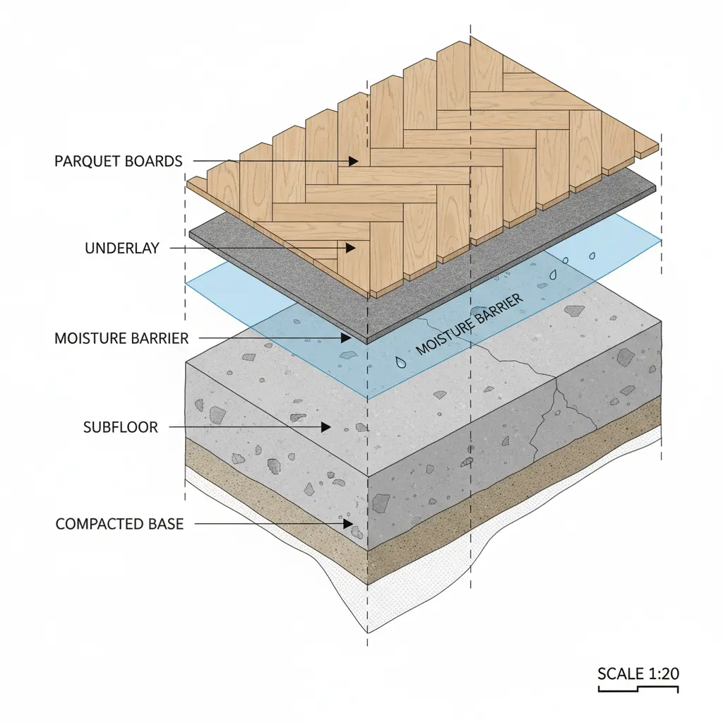 Tvärsnitt av parkettgolvskonstruktion med alla lager