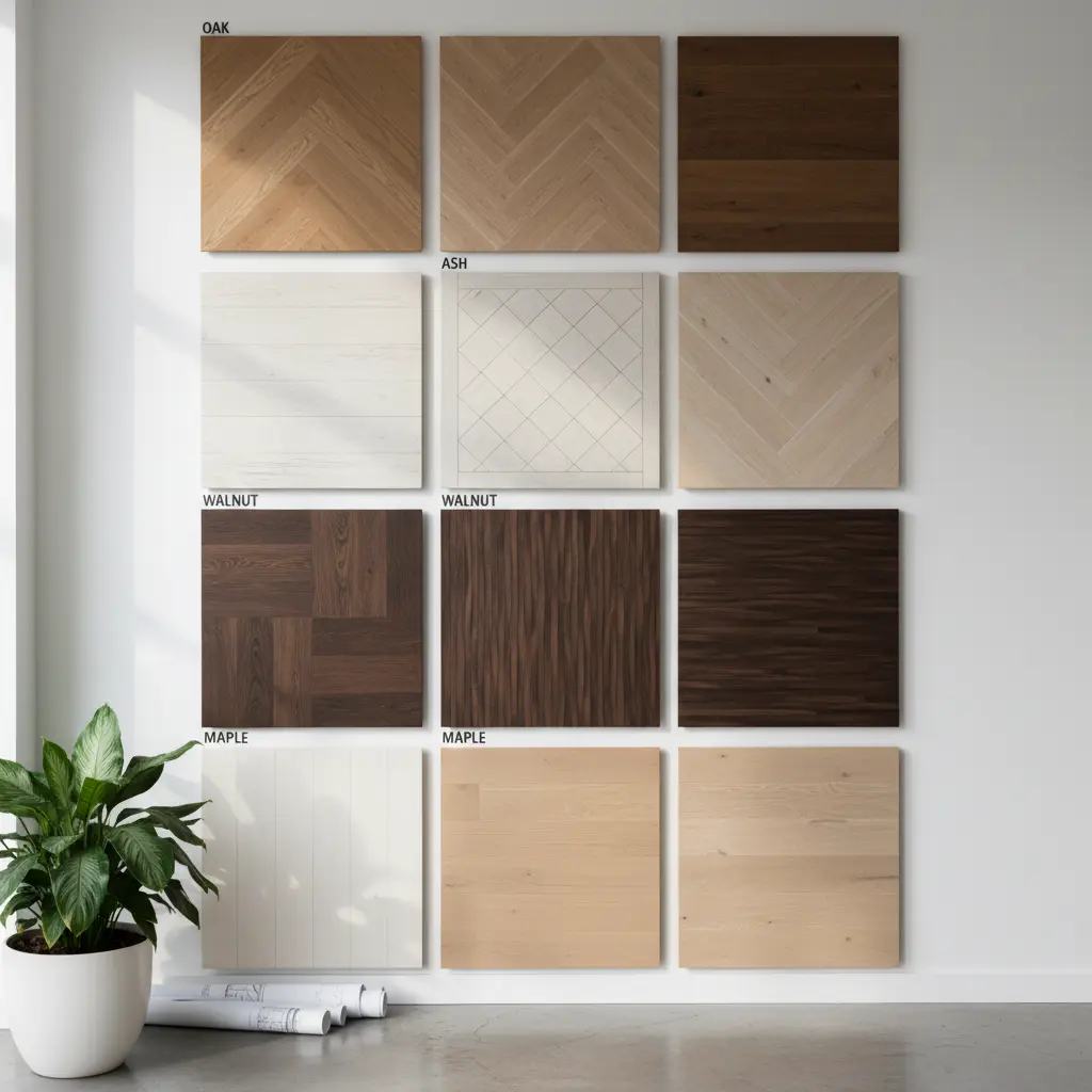 Parkettgolvsprover i olika träslag - ek, ask, valnöt och körsbär