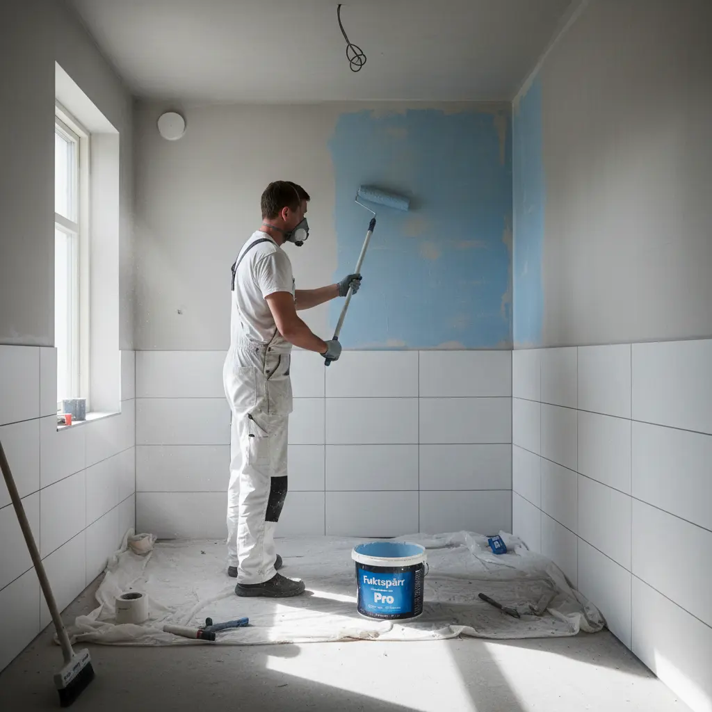 Primer appliceras på badrumsväggar som förberedelse för våtrumssäkring