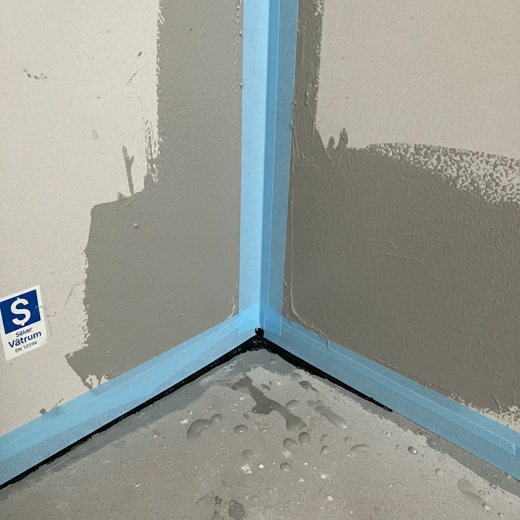 Detaljbild av hörntätning med förstärkningsband vid våtrumssäkring