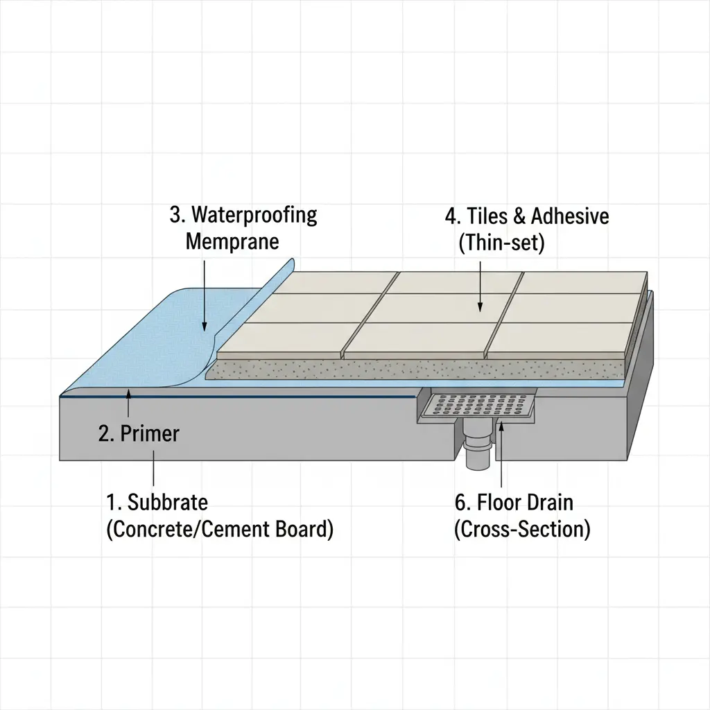 Tvärsnittsdiagram visar korrekt våtrumssäkringsinstallation