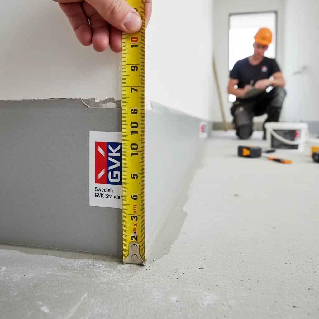 Mätning av 100 mm vägguppdrag för våtrumssäkring enligt BBR-krav