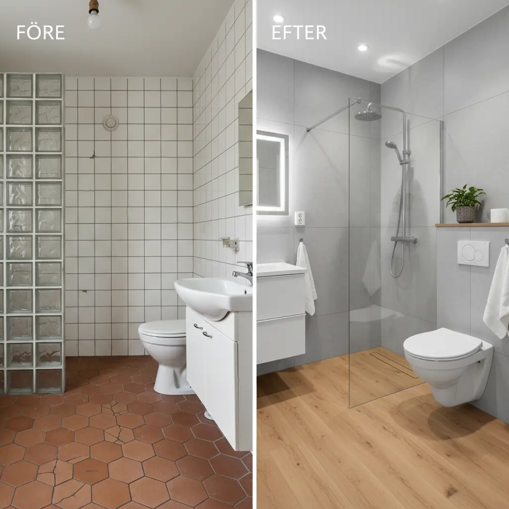Före och efter badrumsrenovering med våtrumsmatta