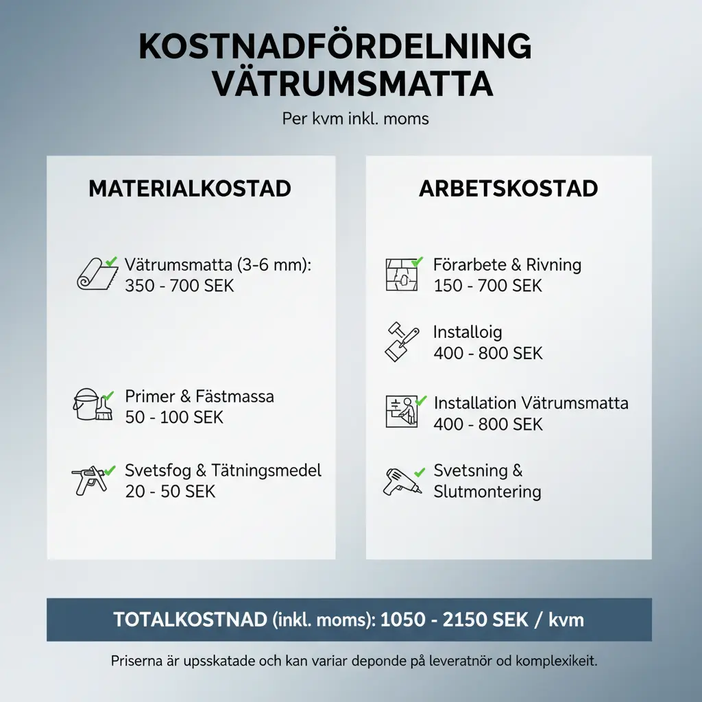 Kostnadsfördelning för våtrumsmatta per kvadratmeter