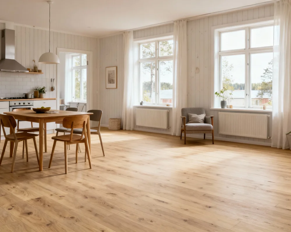 Allergianpassat vinylgolv i ljust skandinaviskt vardagsrum