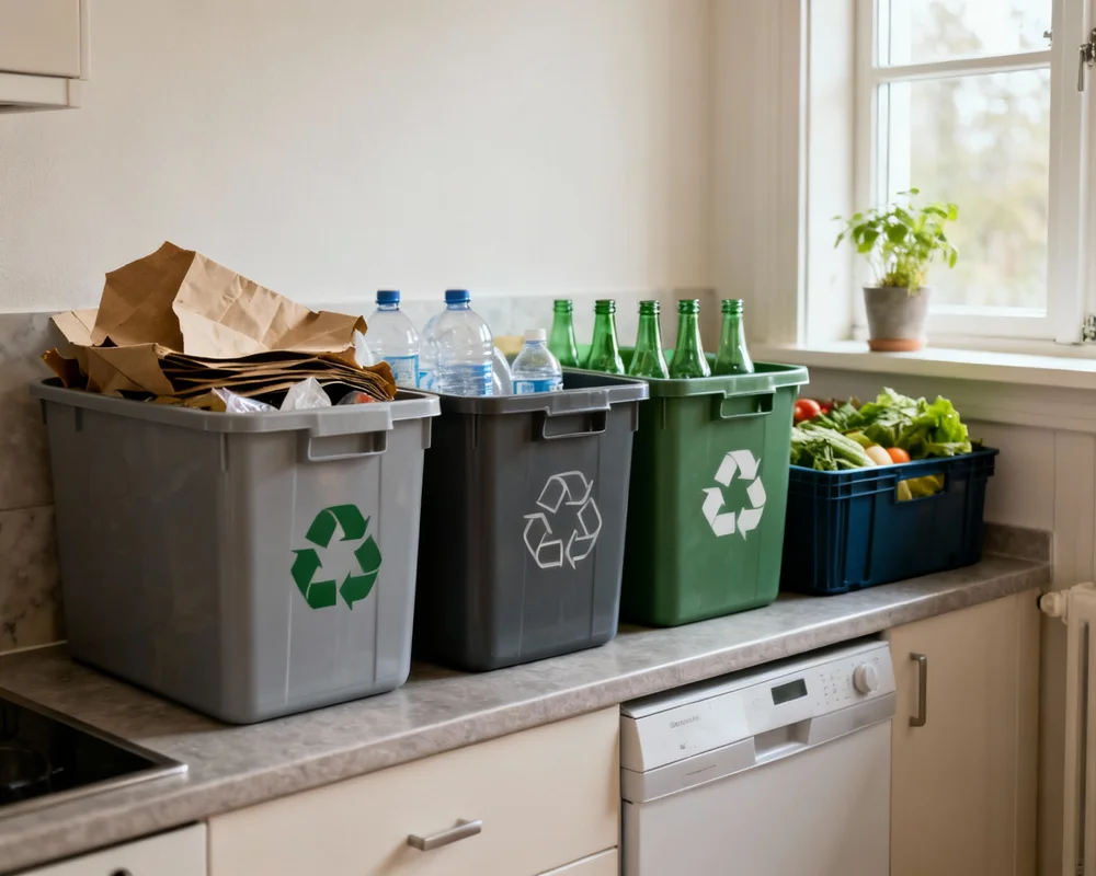 Återvinningsstation i modernt svenskt kök