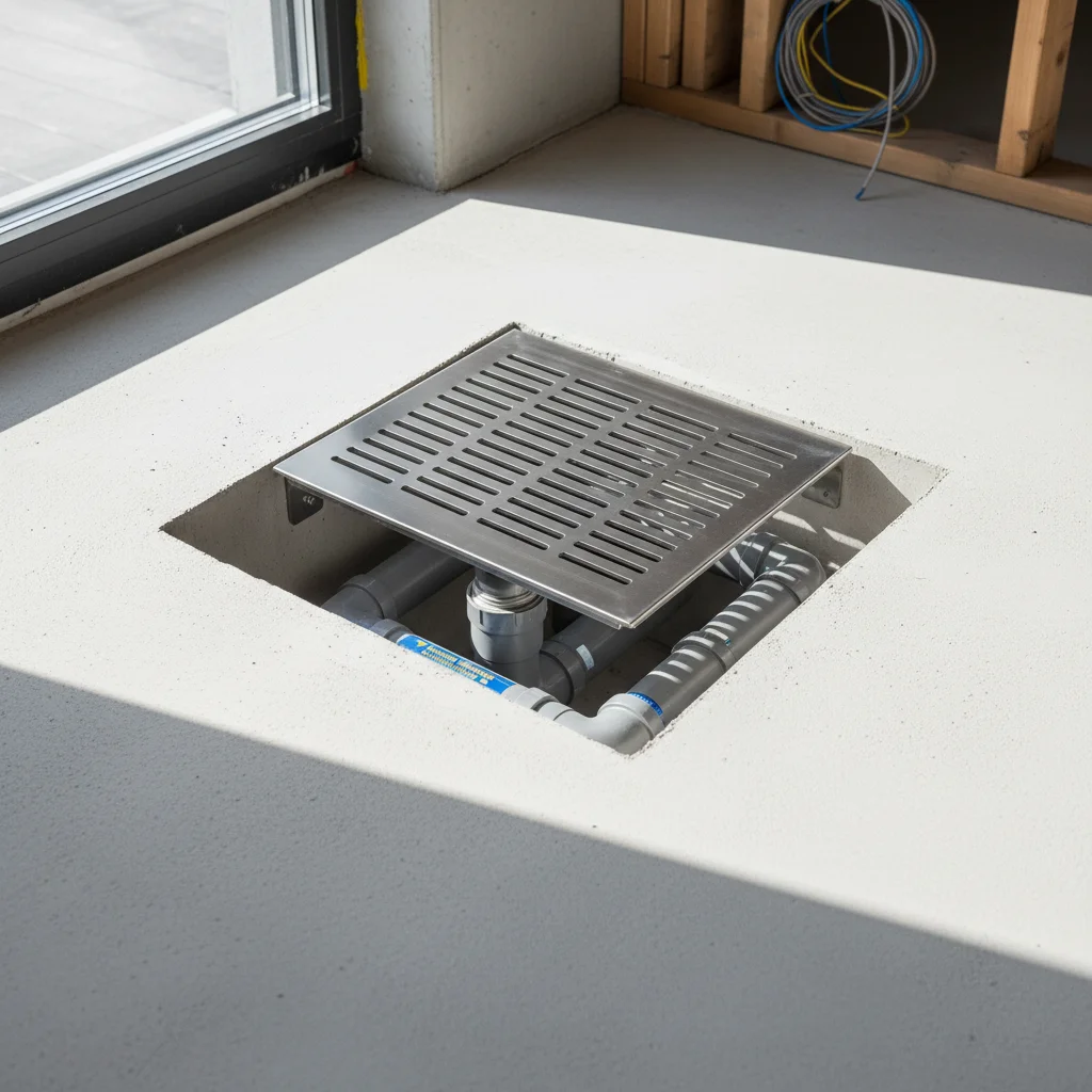 Diagram över avloppssystem med golvbrunn och utomhusbrunn