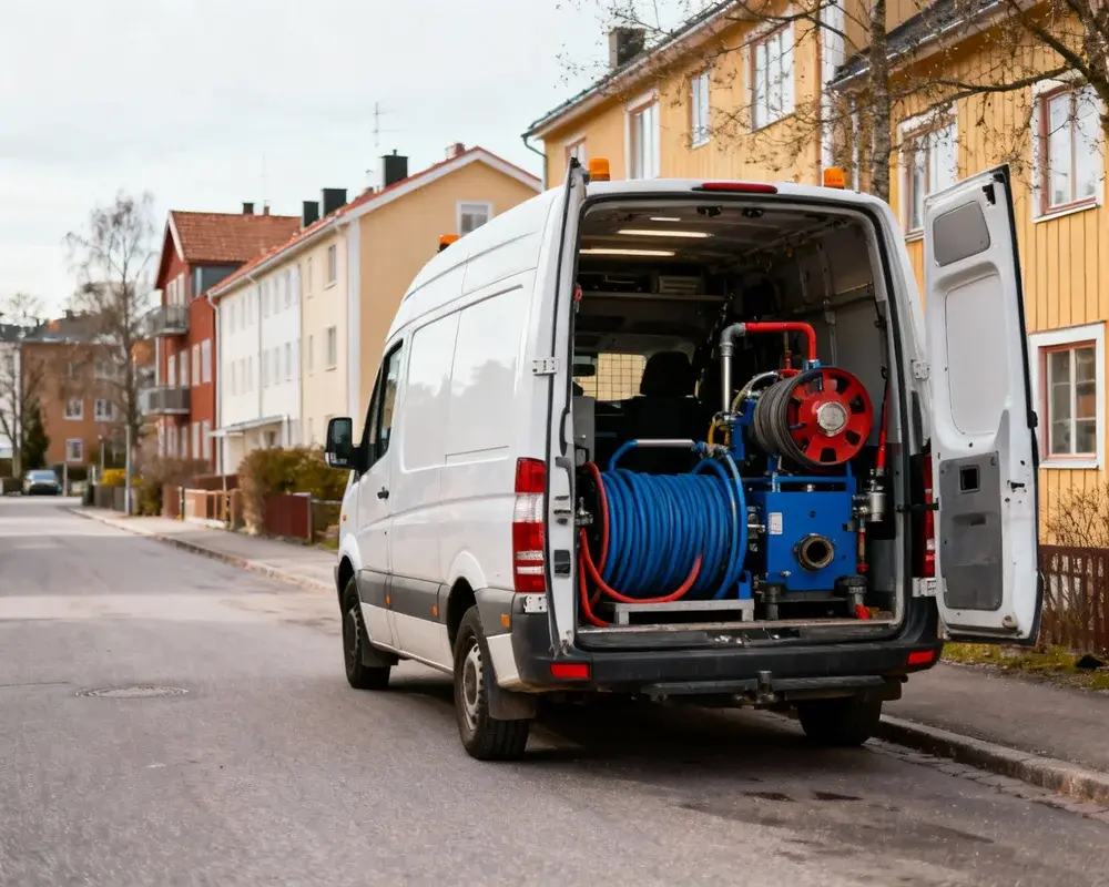 Spolbil för avloppsspolning i Uppsala centrum