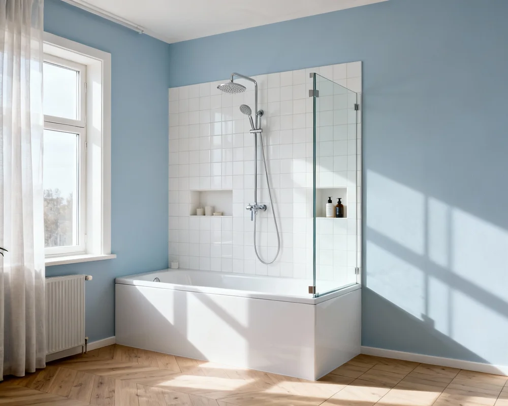 Modern walk-in dusch som ersatt ett gammalt badkar med glasvägg och regndusch