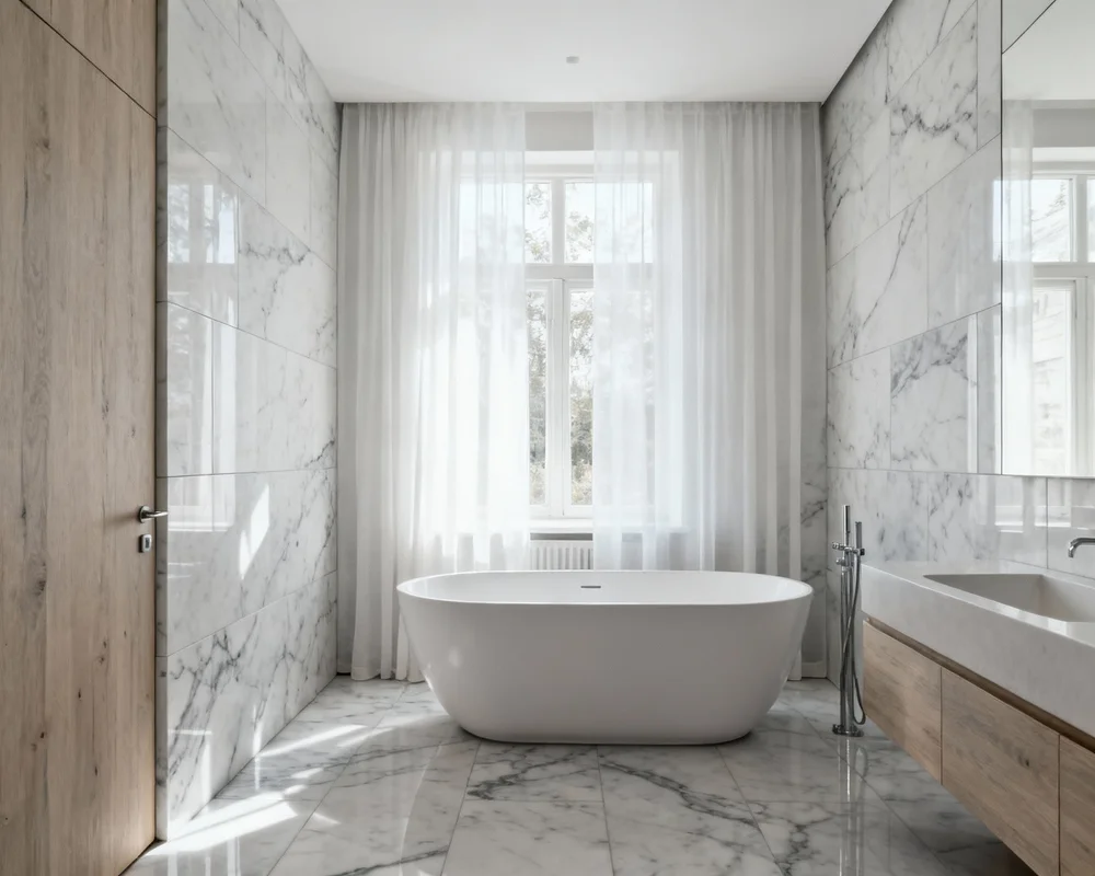 Modernt badkar i elegant skandinaviskt badrum med naturligt ljus