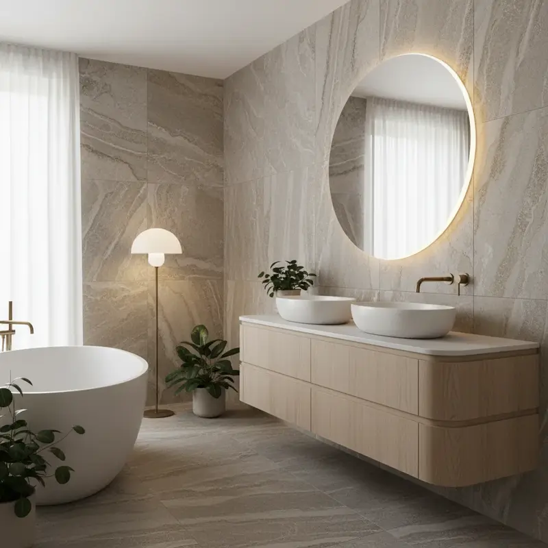 Modernt badrum med naturliga material och varma bruna toner 2025