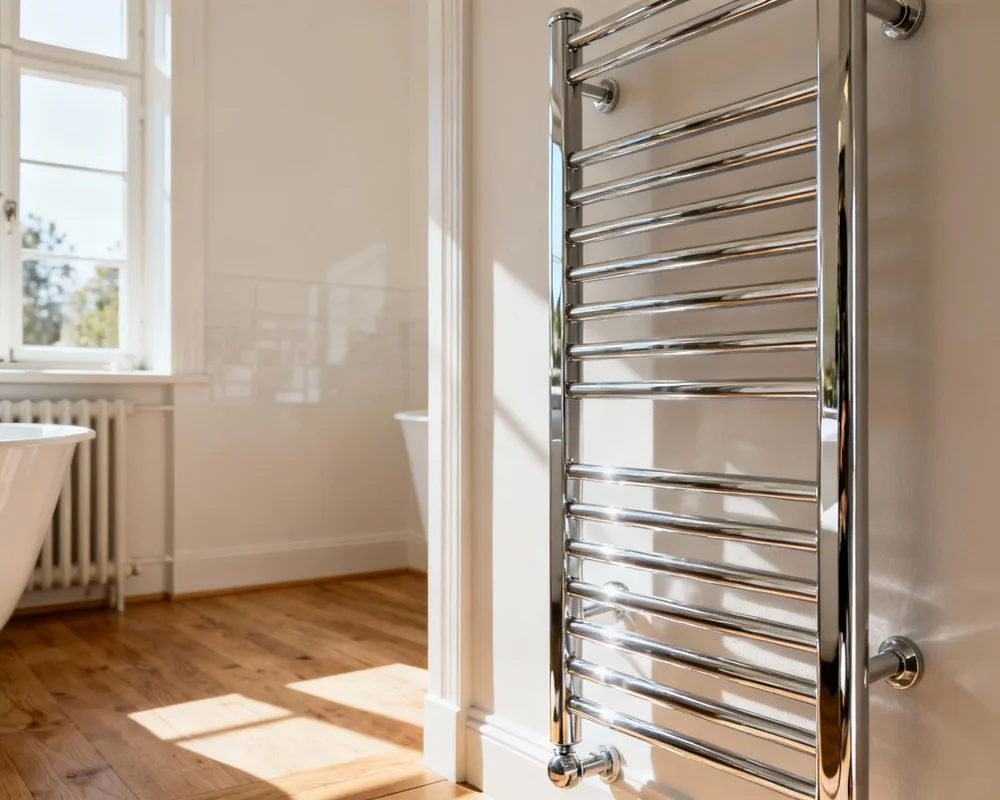 Modern handdukstork i skandinaviskt badrum