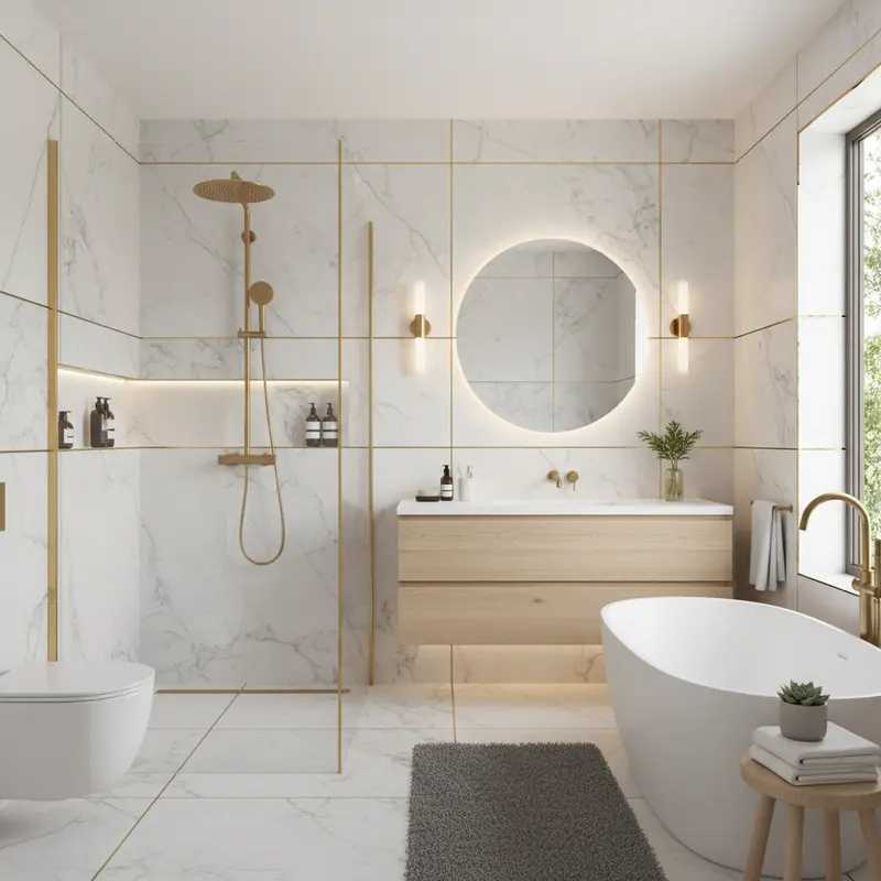 Modern helrenoverat badrum med dusch och marmor