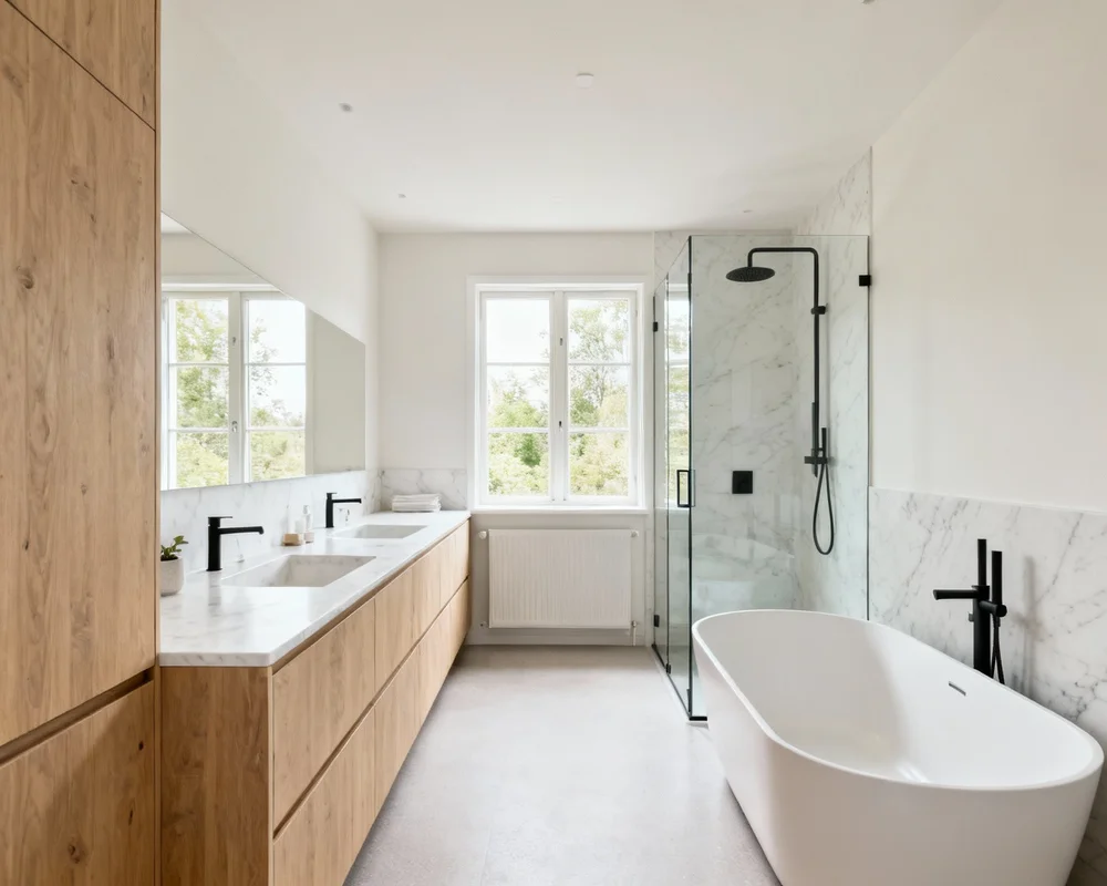 Badrumsrenovering pågår med verktyg och material