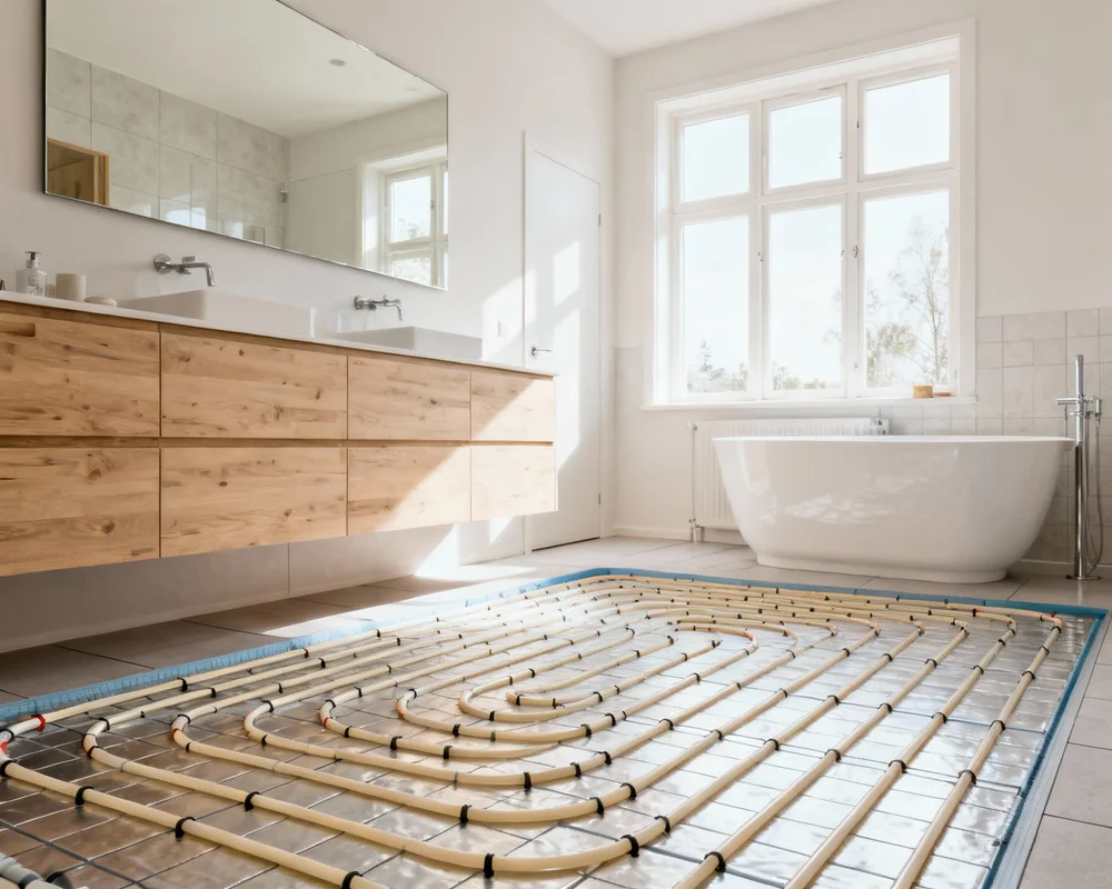Modernt badrum med golvvärme och handdukstork