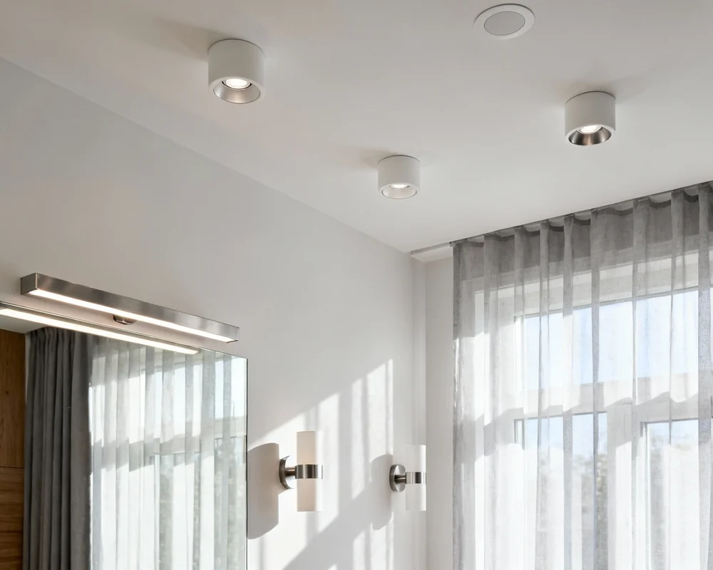 Modern badrumsbelysning med LED-spottar och spegelbelysning