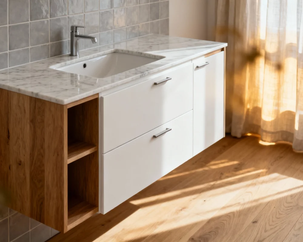 Skandinaviskt designat badrum med naturliga material