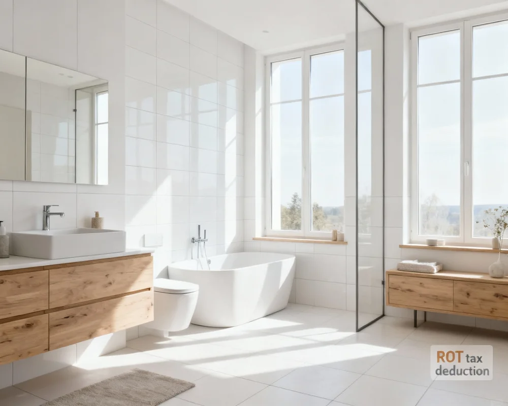 Svenska skatteformulär för ROT-avdrag med kalkylator och penna på modernt skrivbord