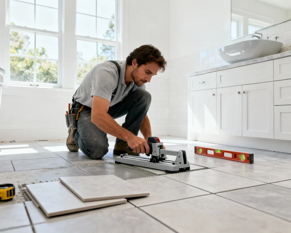 Verktyg för DIY badrumsrenovering - hammare, vattenpass, borr, mätband