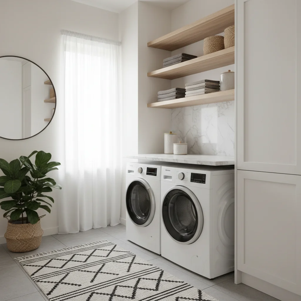 Exempel på en vit laminatbänkskiva över en tvättmaskin och torktumlare