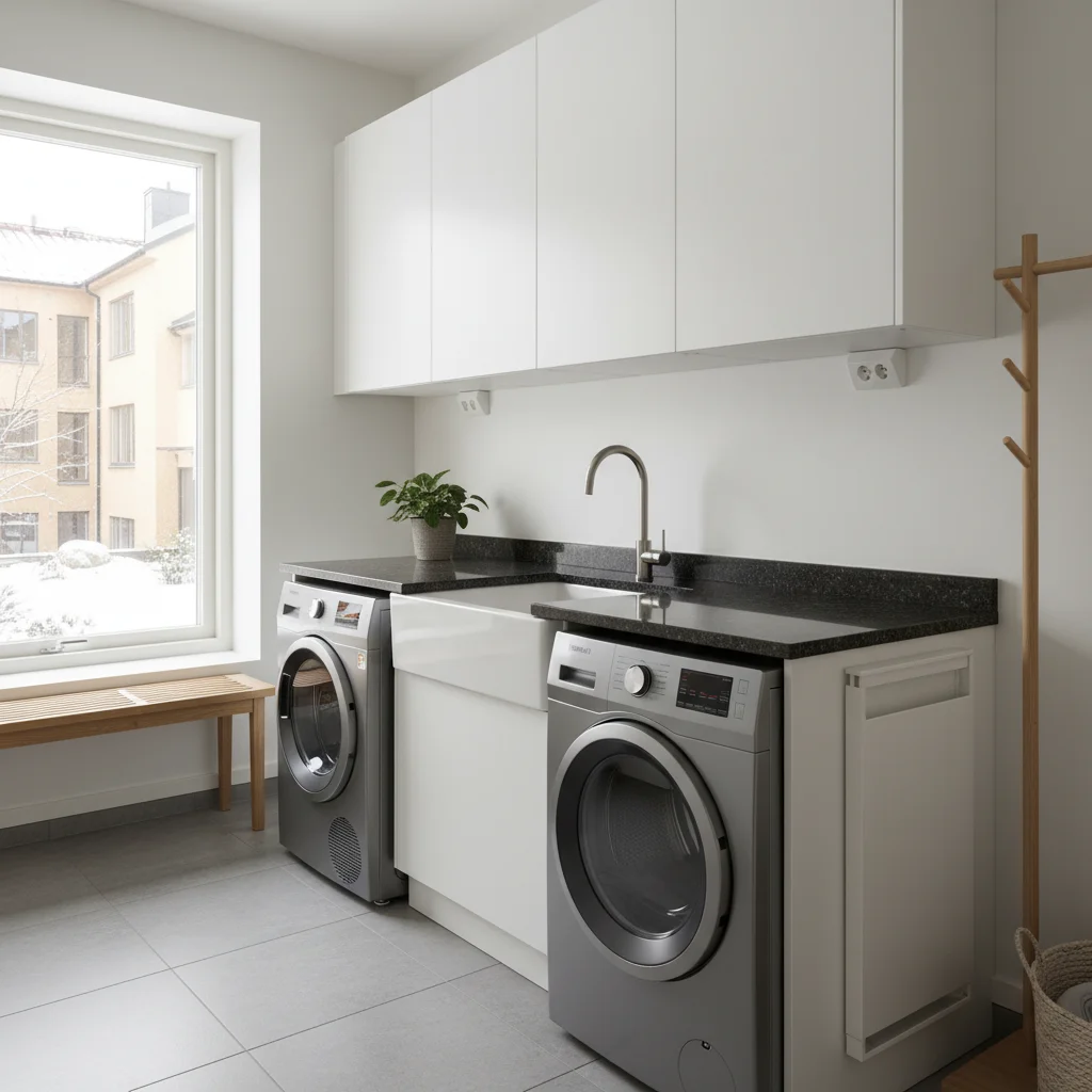 En bänkskiva i mörk kompositsten över en tvättmaskin i ett modernt badrum