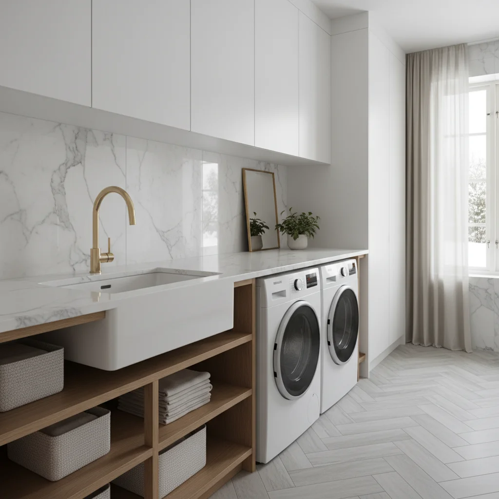 Tvättmaskin inbyggd i ett skåp med en bänkskiva ovanför och förvaringsskåp bredvid